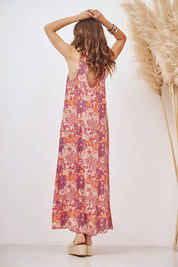 EMBROIDERED PRINTED LONG DRESS - PINK