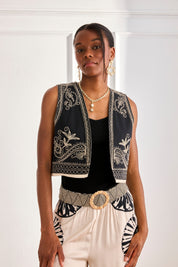 TWO-TONE EMBROIDERED VEST - BLACK