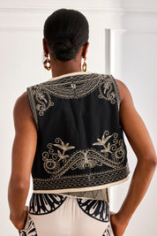TWO-TONE EMBROIDERED VEST - BLACK