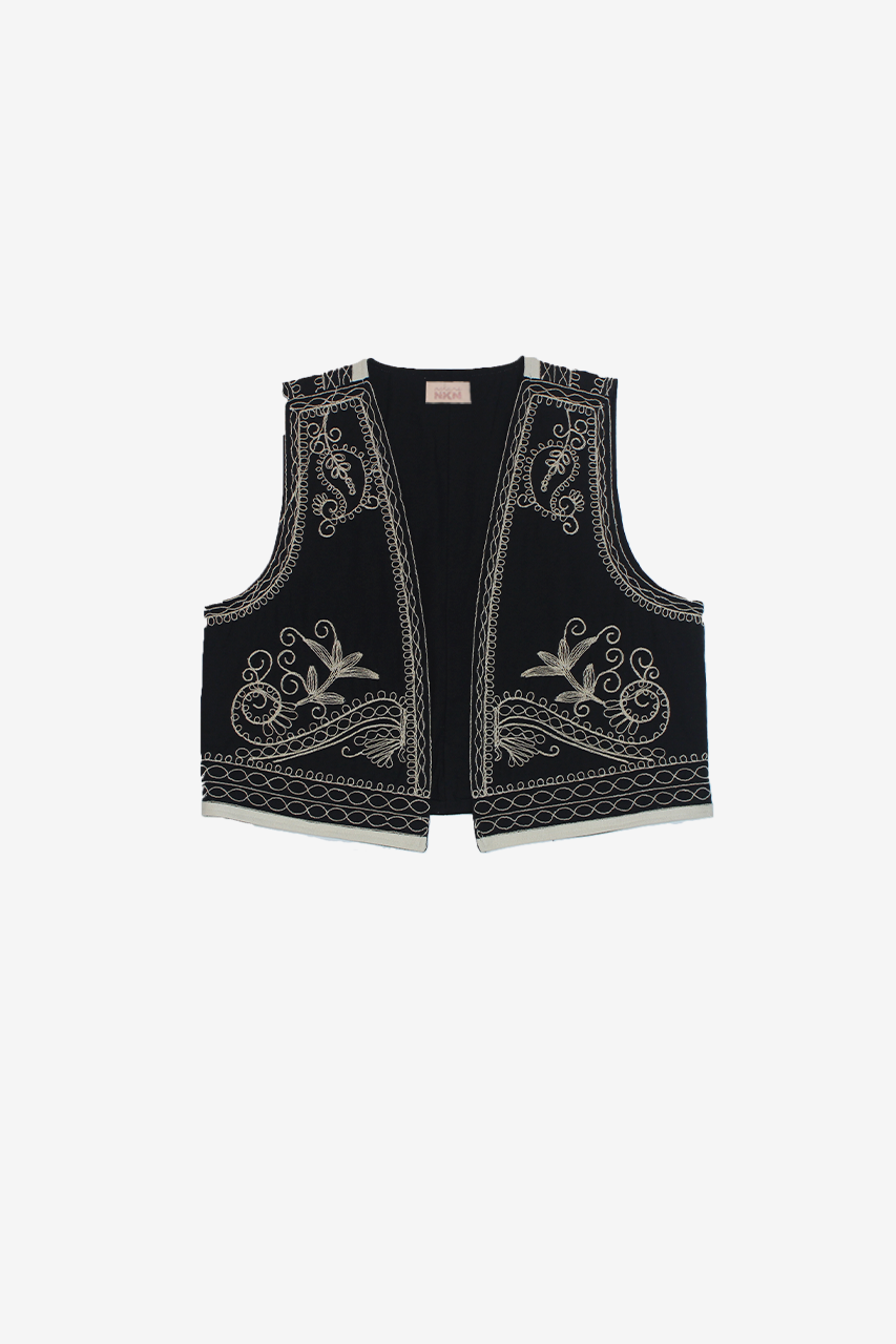 TWO-TONE EMBROIDERED VEST - BLACK
