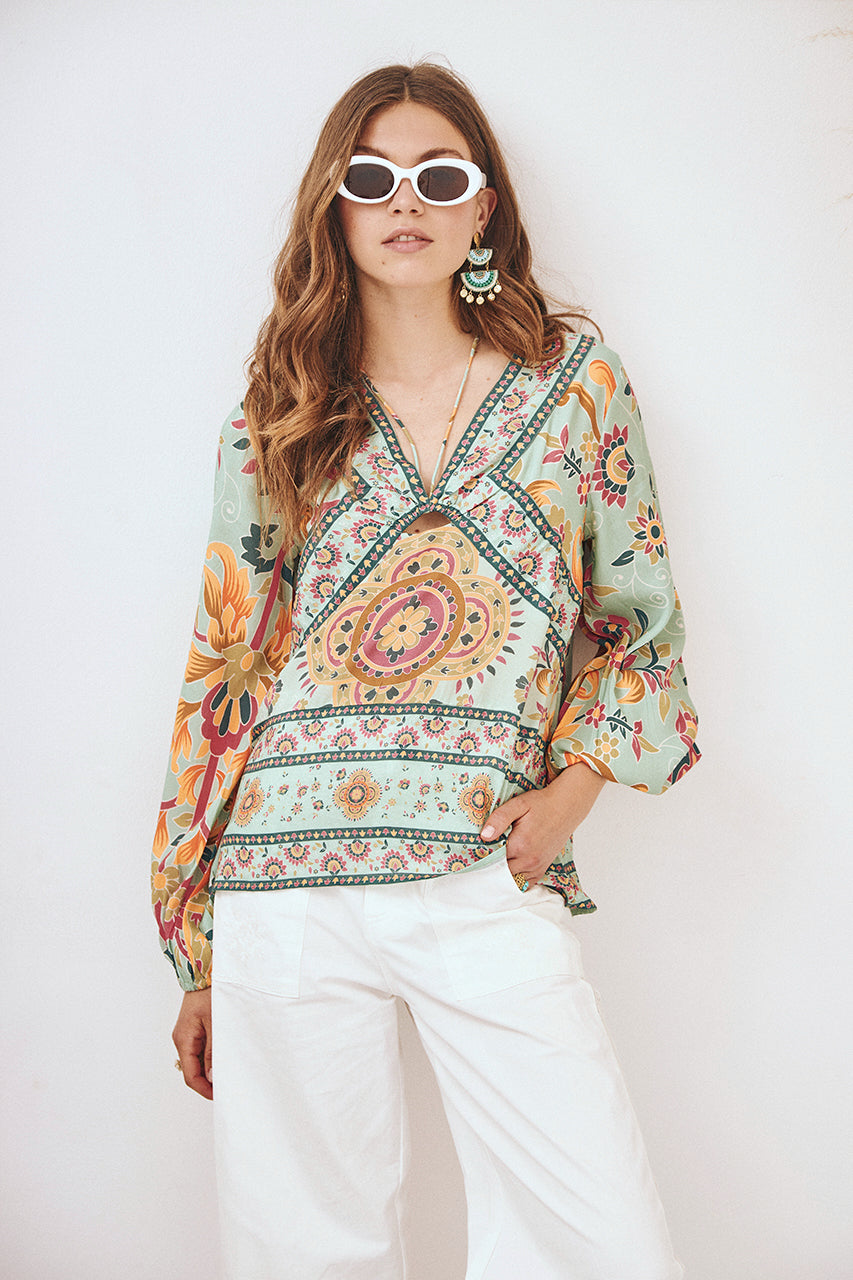 POSITIONAL PRINT BLOUSE - GREEN