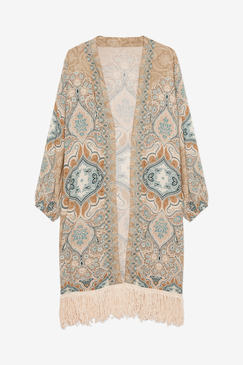 KIMONO ESTAMPADO CON FLECOS - CAQUI