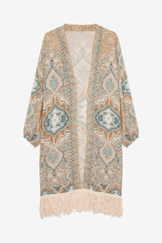 KIMONO ESTAMPADO CON FLECOS - CAQUI