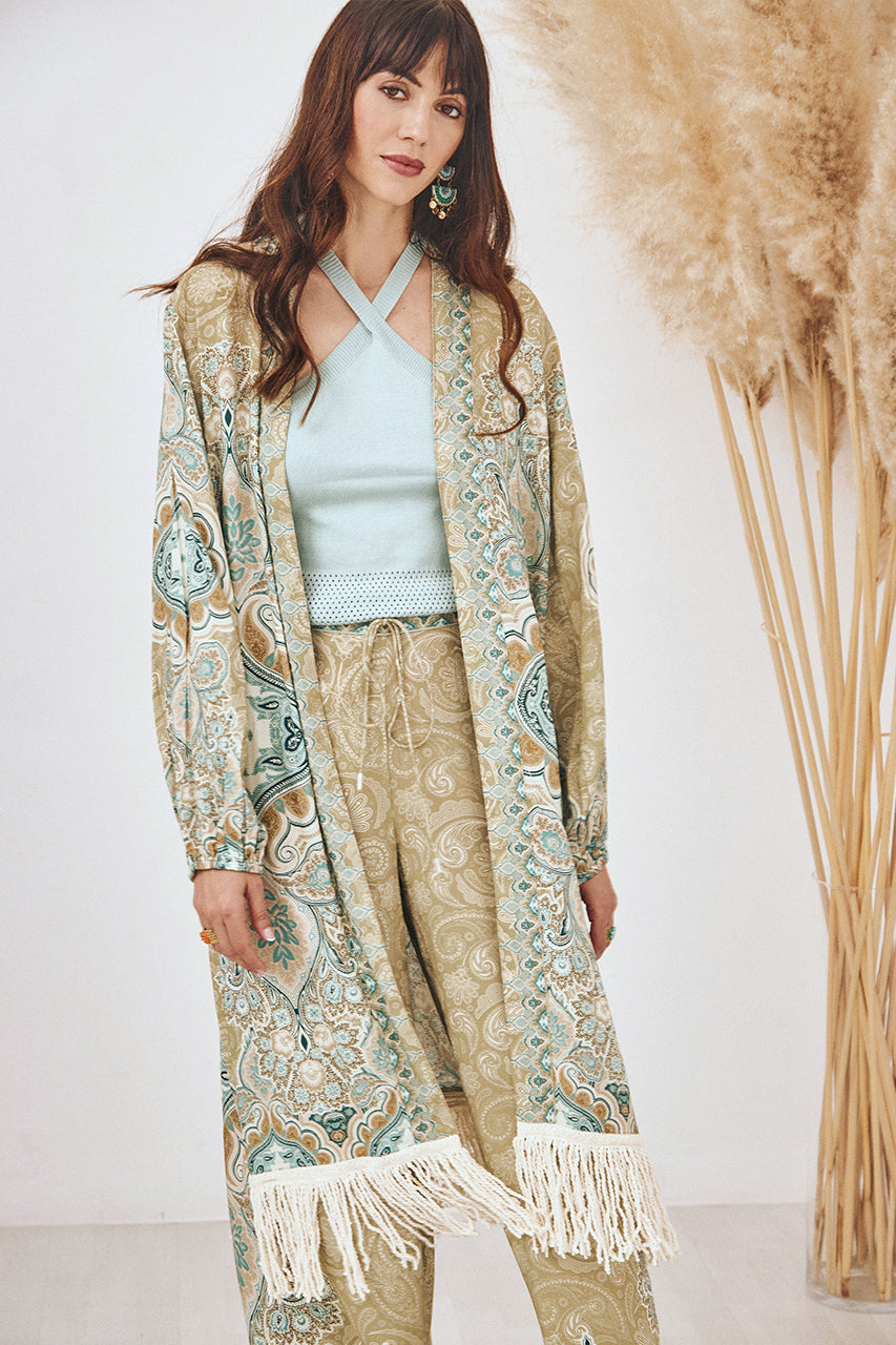 KIMONO ESTAMPADO CON FLECOS - CAQUI