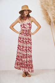 VESTIDO MIDI DE TIRANTES ESTAMPADO BORDADO - CORAL