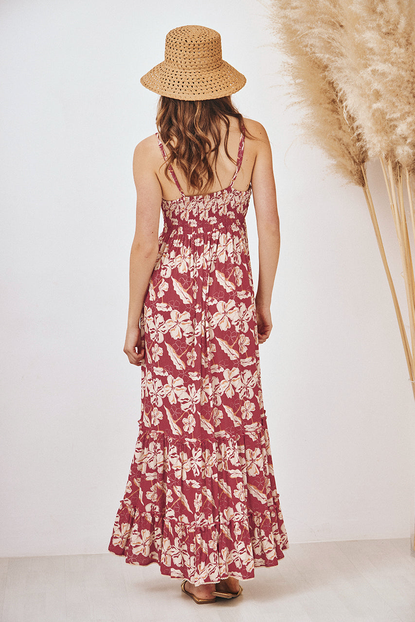 VESTIDO MIDI DE TIRANTES ESTAMPADO BORDADO - CORAL