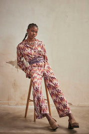 STRAIGHT FLOWING PRINTED PANTS WITH EMBROIDERY - WINE