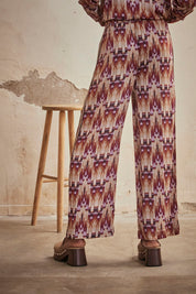 STRAIGHT FLOWING PRINTED PANTS WITH EMBROIDERY - WINE