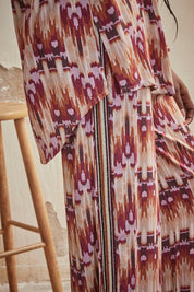 STRAIGHT FLOWING PRINTED PANTS WITH EMBROIDERY - WINE