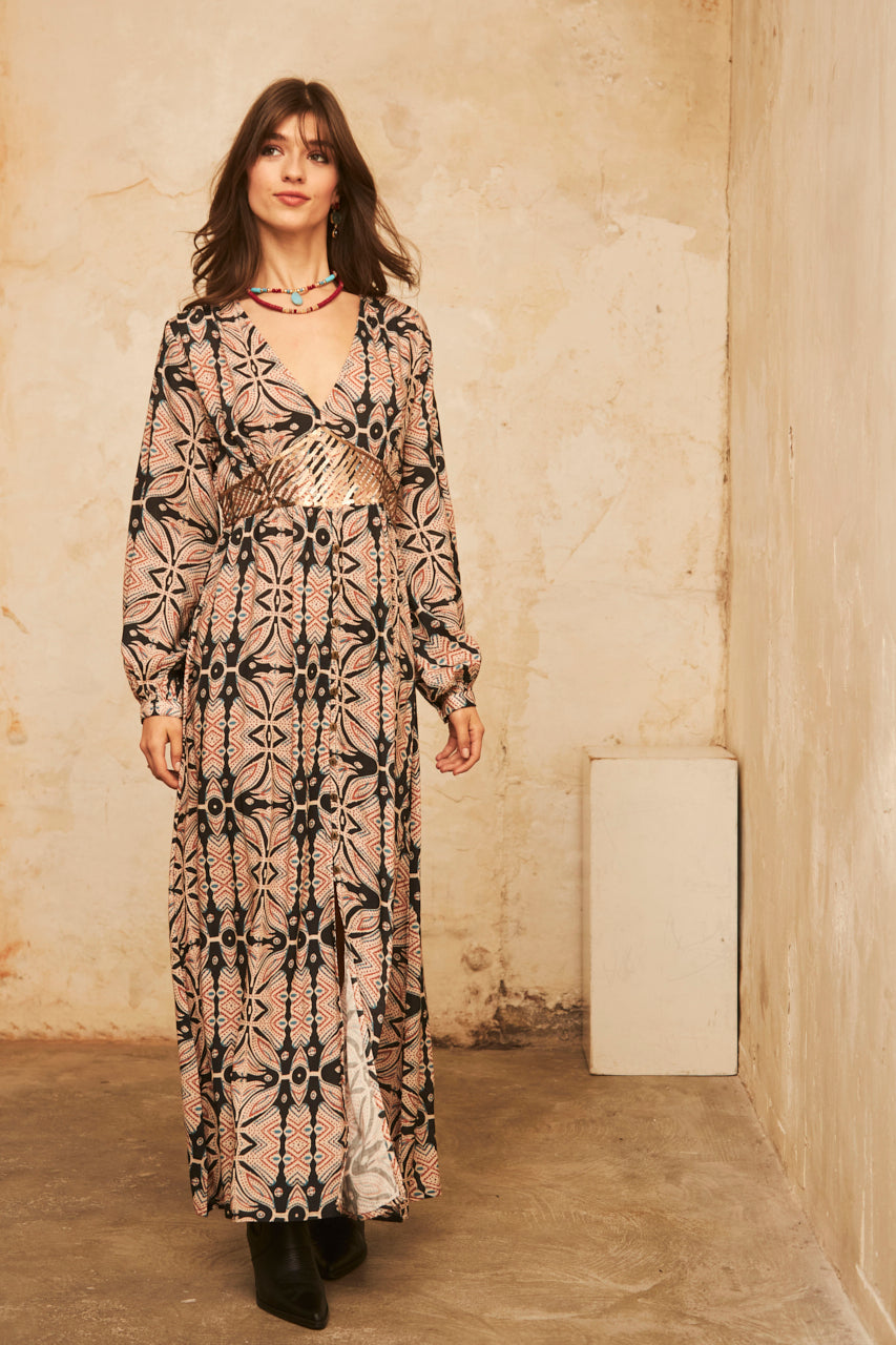 Long-sleeved printed dress with embroidery - Black