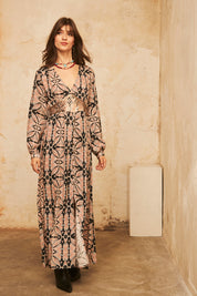 Long-sleeved printed dress with embroidery - Black