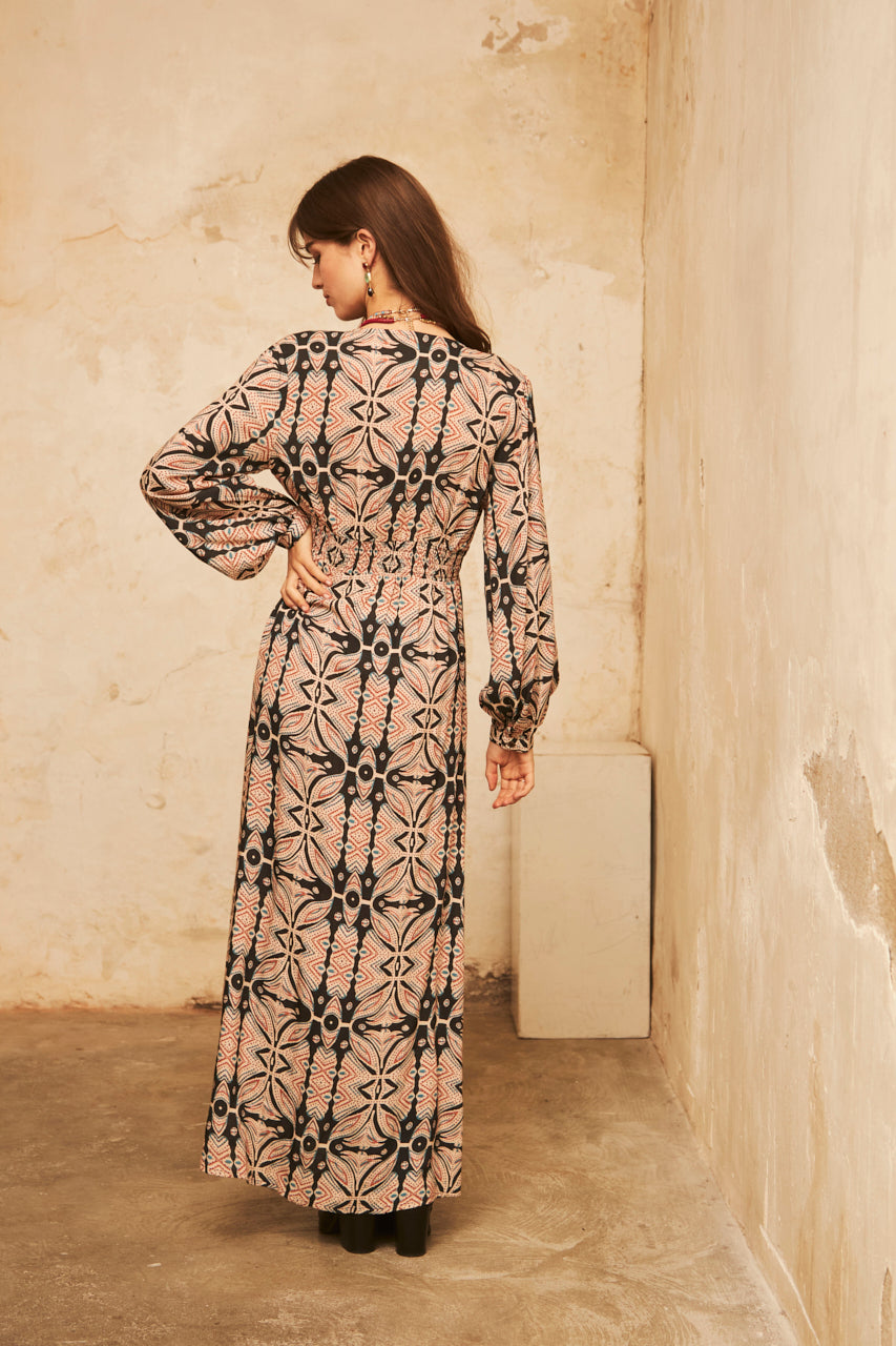 Long-sleeved printed dress with embroidery - Black