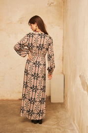 Long-sleeved printed dress with embroidery - Black