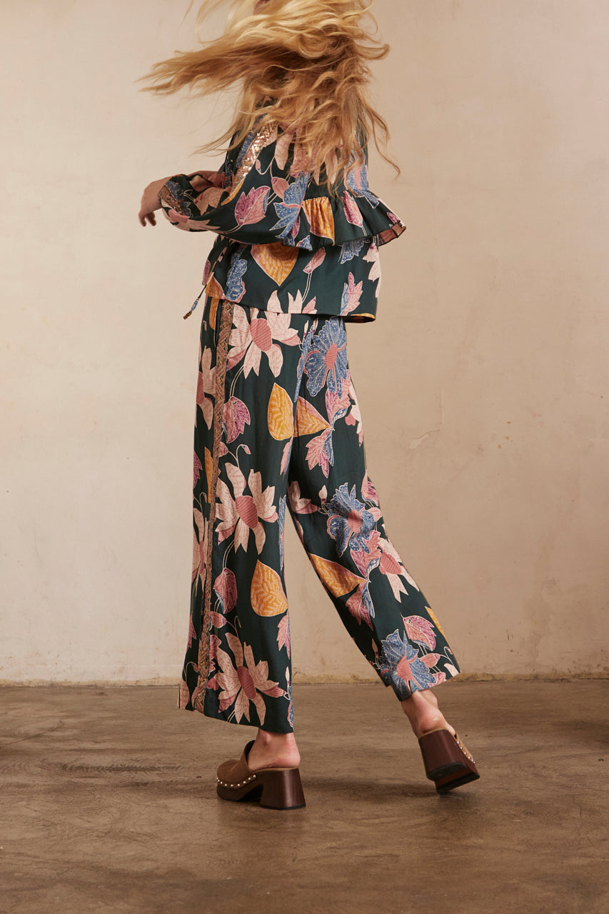 Straight-leg fluid trousers with embroidery - green