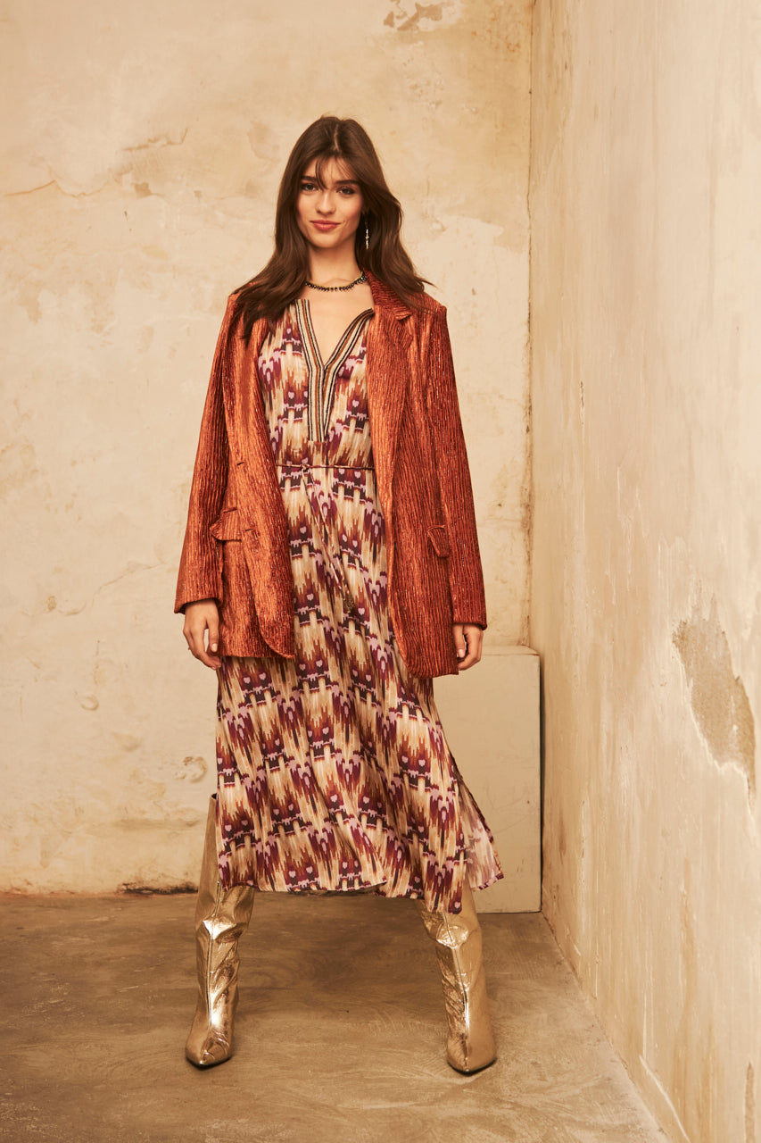 Long-sleeved printed MIDI dress - Wine