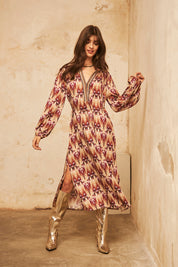 Long-sleeved printed MIDI dress - Wine