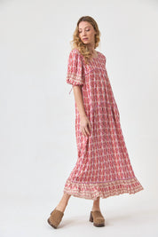 VESTIDO LARGO ESTAMPADO CON BLONDAS - ROSA