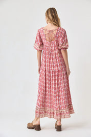 VESTIDO LARGO ESTAMPADO CON BLONDAS - ROSA