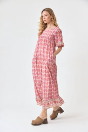 VESTIDO LARGO ESTAMPADO CON BLONDAS - ROSA