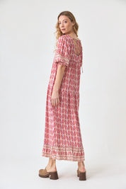 VESTIDO LARGO ESTAMPADO CON BLONDAS - ROSA