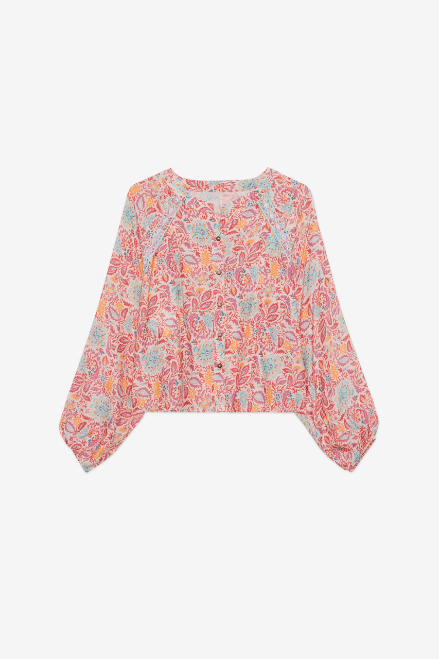 BLOUSE MAO COLLAR FLOWERS - PINK