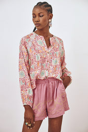 BLOUSE MAO COLLAR FLOWERS - PINK