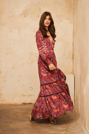 Long-sleeved printed dress with embroidery - Grape