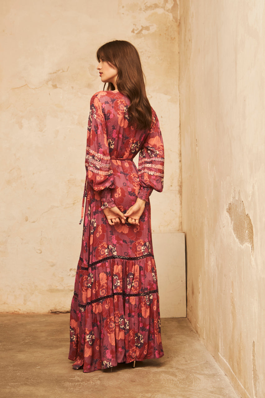 Long-sleeved printed dress with embroidery - Grape