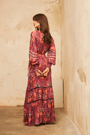 Long-sleeved printed dress with embroidery - Grape