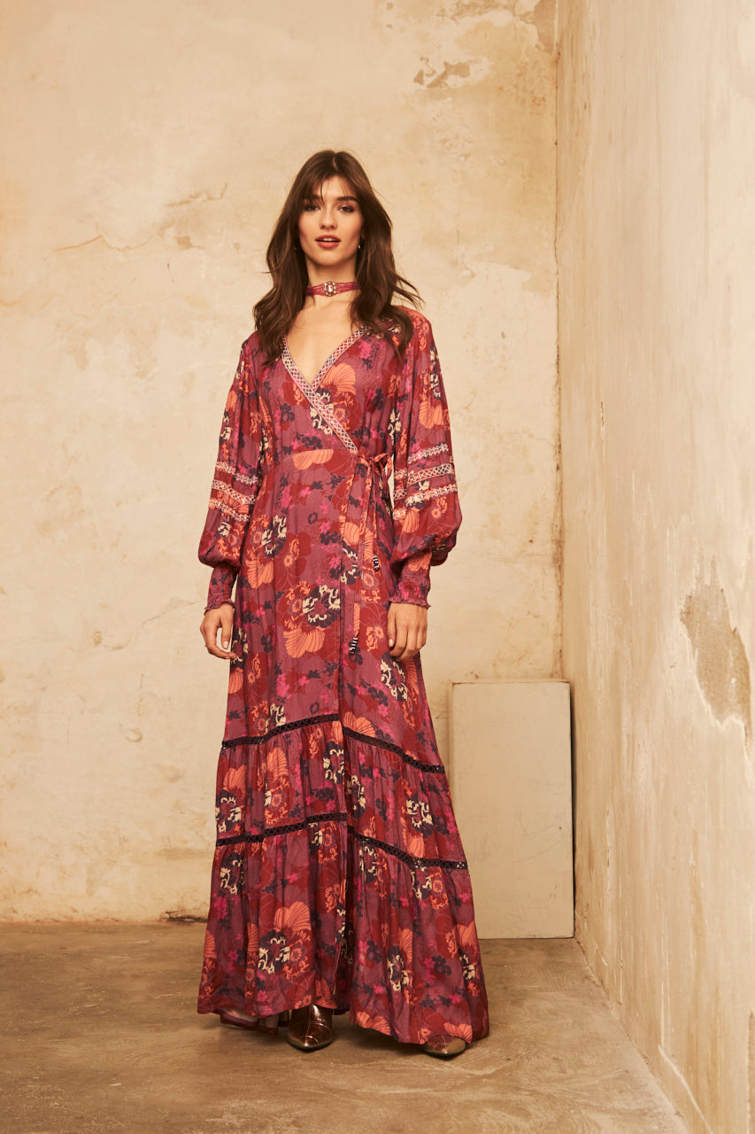Long-sleeved printed dress with embroidery - Grape