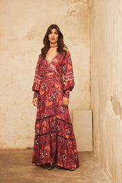 Long-sleeved printed dress with embroidery - Grape