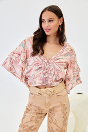 RUFFLED PRINTED CROPPED BLOUSE - PINK