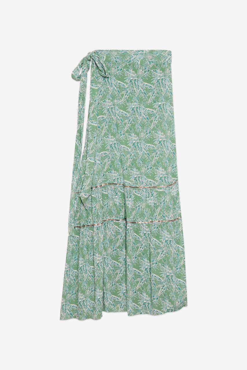 EMBROIDERED PRINTED LONG PAREO SKIRT - GREEN