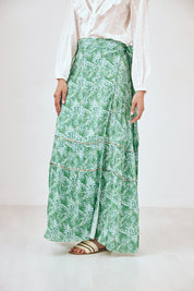 EMBROIDERED PRINTED LONG PAREO SKIRT - GREEN