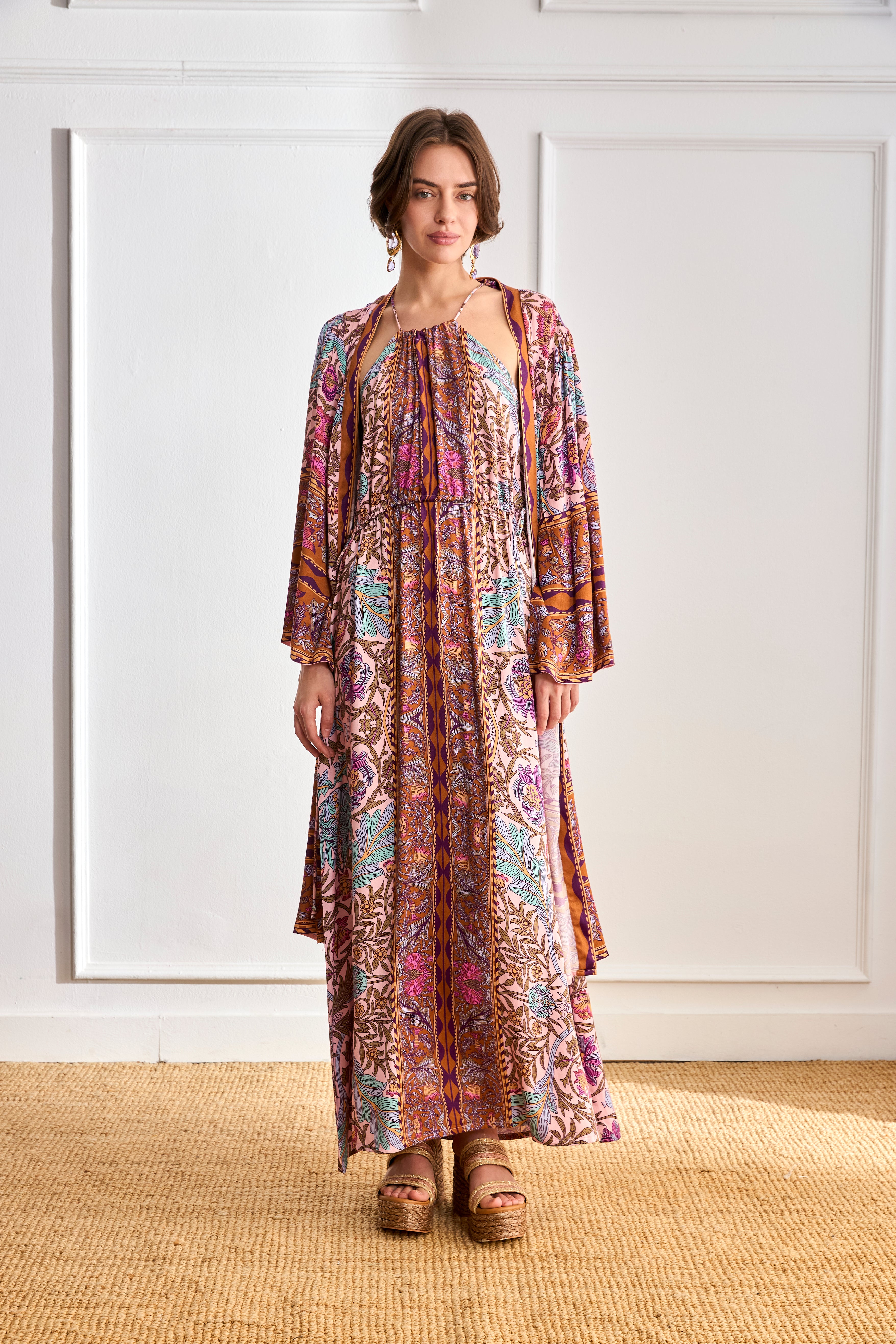 HALTER DRESS WITH FLORAL STRIPES - PINK