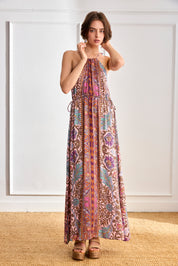 HALTER DRESS WITH FLORAL STRIPES - PINK