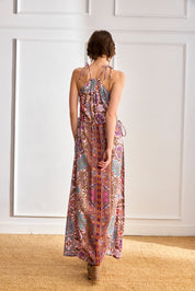 HALTER DRESS WITH FLORAL STRIPES - PINK