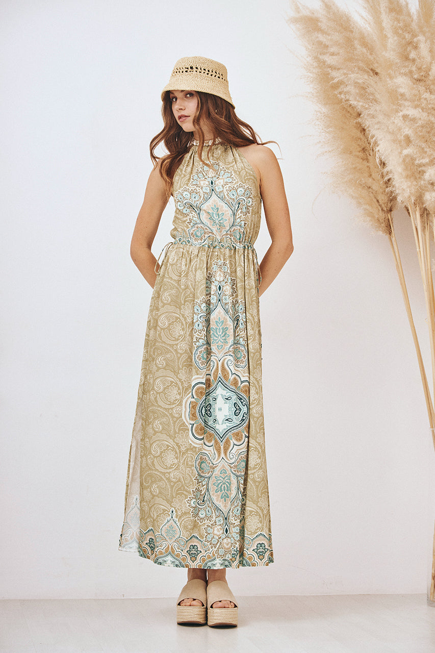 VESTIDO HALTER MANDALAS - CAQUI
