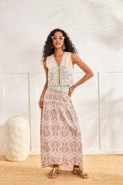 PAISLEY SKIRT WITH EMBROIDERY WAIST - PINK