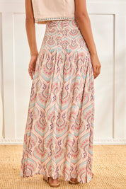 PAISLEY SKIRT WITH EMBROIDERY WAIST - PINK