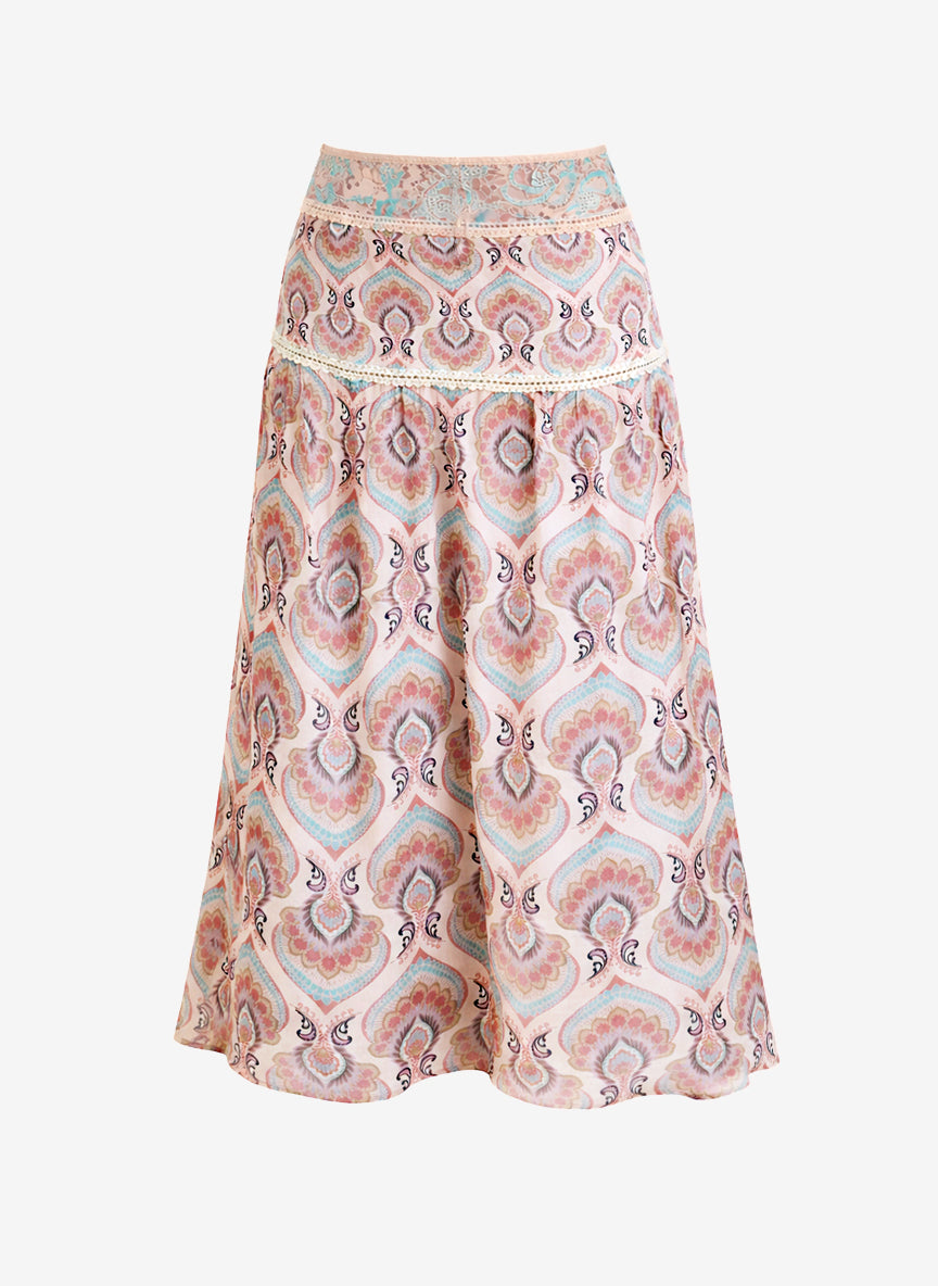 PAISLEY SKIRT WITH EMBROIDERY WAIST - PINK