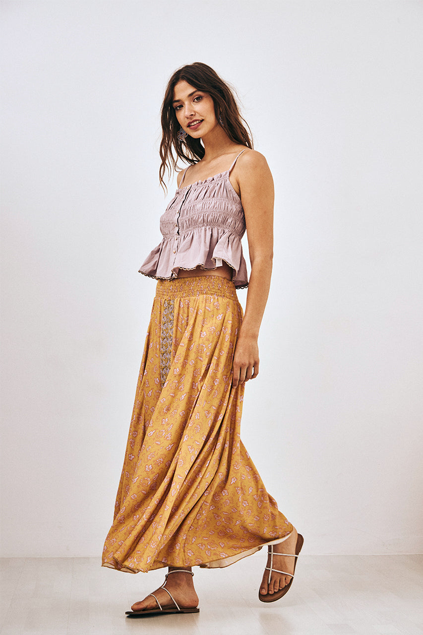 EMBROIDERED PRINTED LONG SKIRT - OCHER