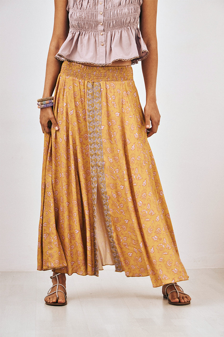 EMBROIDERED PRINTED LONG SKIRT - OCHER