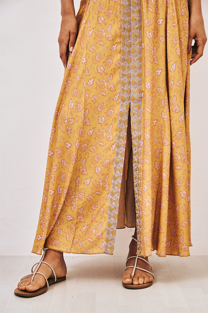 EMBROIDERED PRINTED LONG SKIRT - OCHER