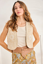 CHALECO BORDADOS FLORALES - CAMEL