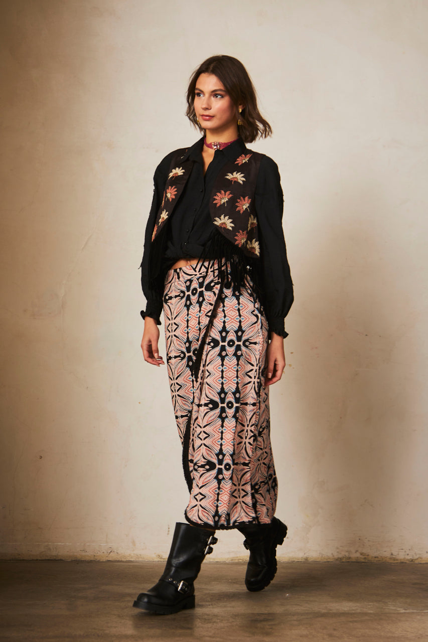 Printed MIDI Skirt - Black
