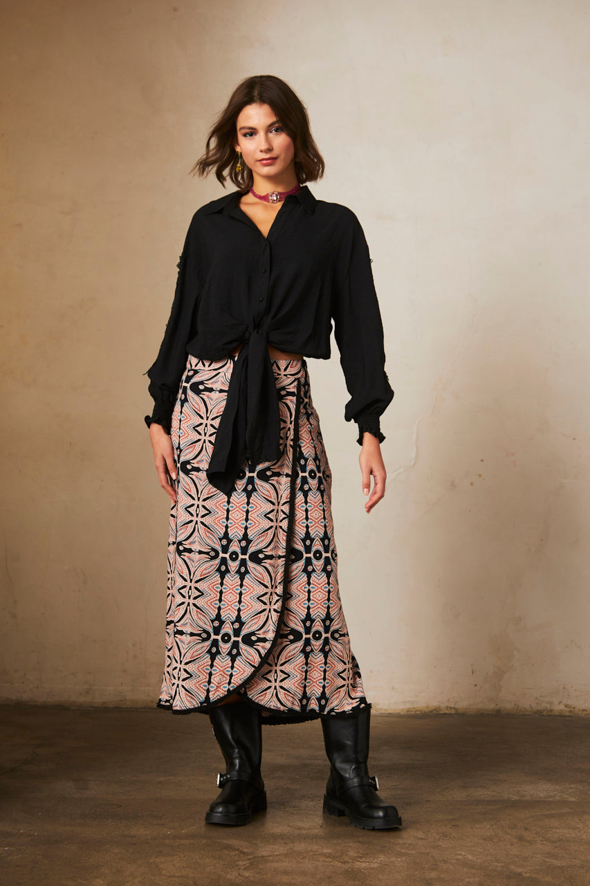 Printed MIDI Skirt - Black