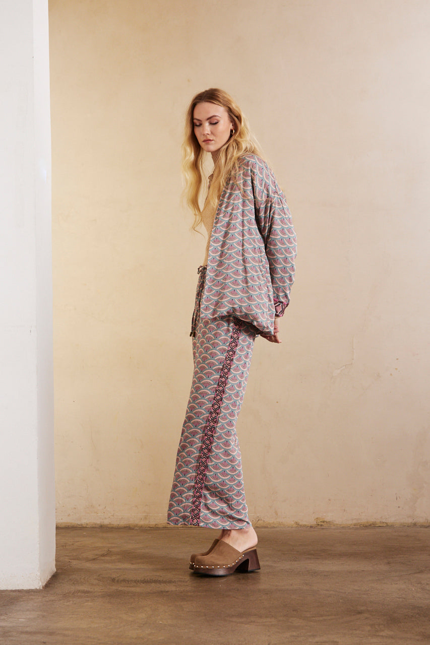 PRINTED FLUID STRAIGHT PANTS WITH EMBROIDERY - ROSE