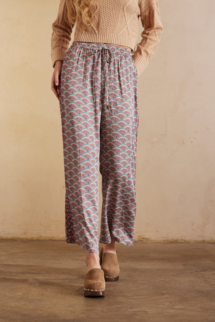 PRINTED FLUID STRAIGHT PANTS WITH EMBROIDERY - ROSE