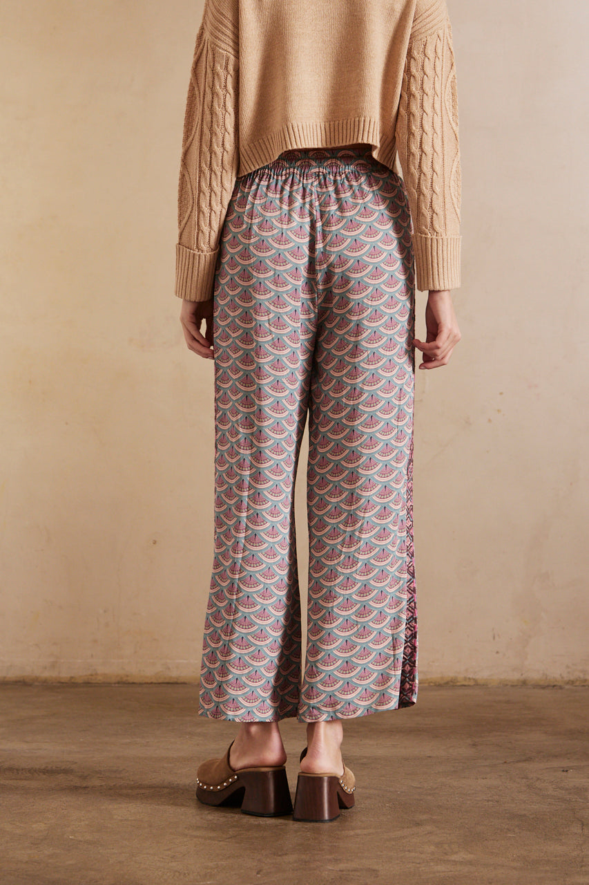 PRINTED FLUID STRAIGHT PANTS WITH EMBROIDERY - ROSE